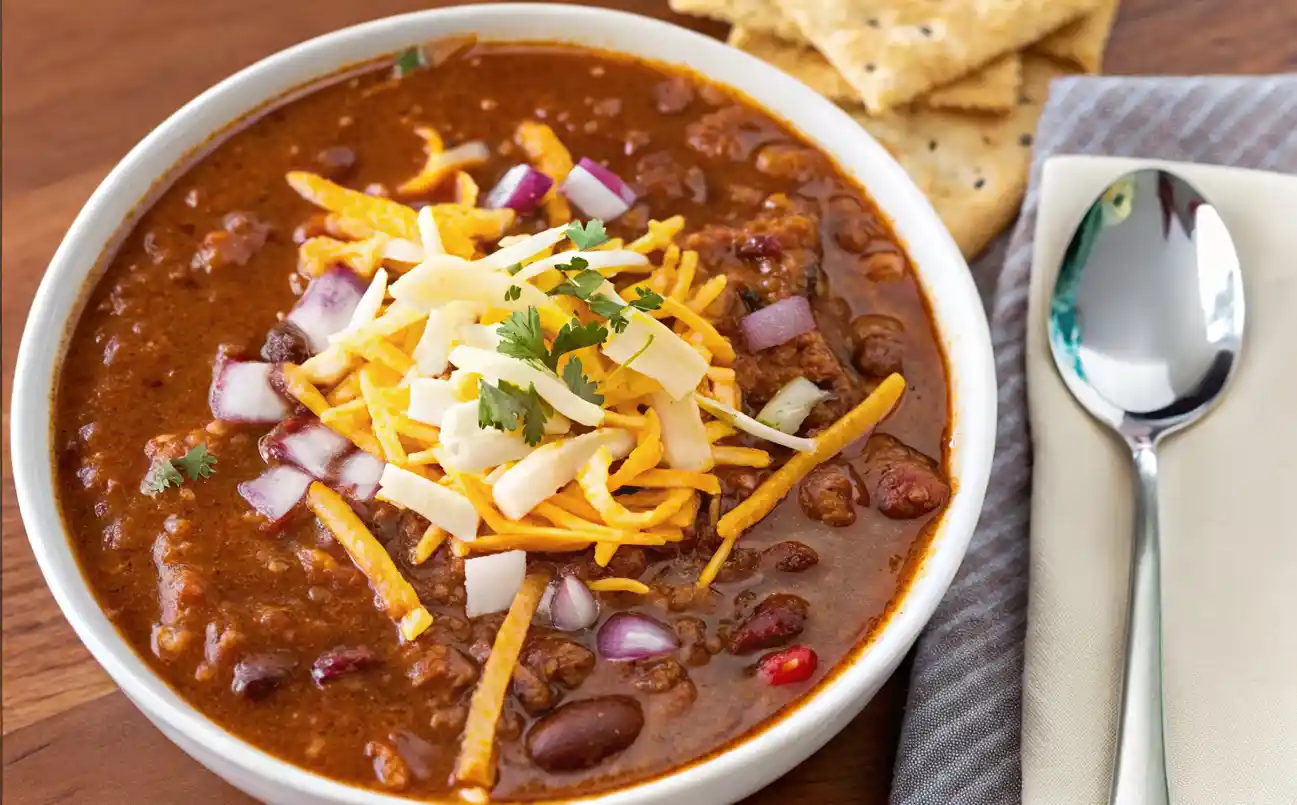 Delicious quick and easy chili recipe in a bowl with toppings.
