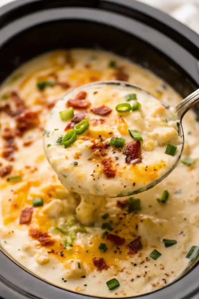 Bowl of creamy Crock Pot Crack Potato Soup loaded with bacon and potatoes.