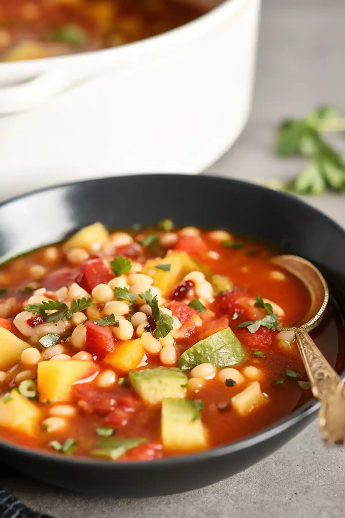 Bowl of Three Sisters Soup Recipe made with corn, squash, and beans.