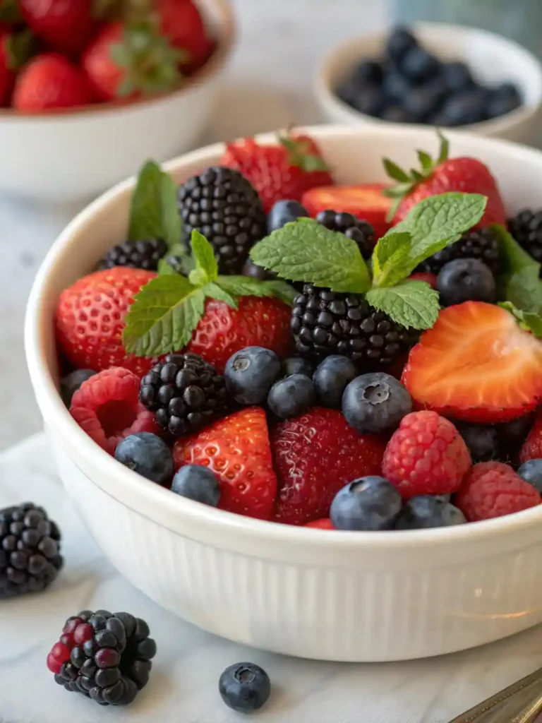Fresh berry fruit salad in a white bowl with strawberries, blueberries, blackberries, raspberries, and mint leaves