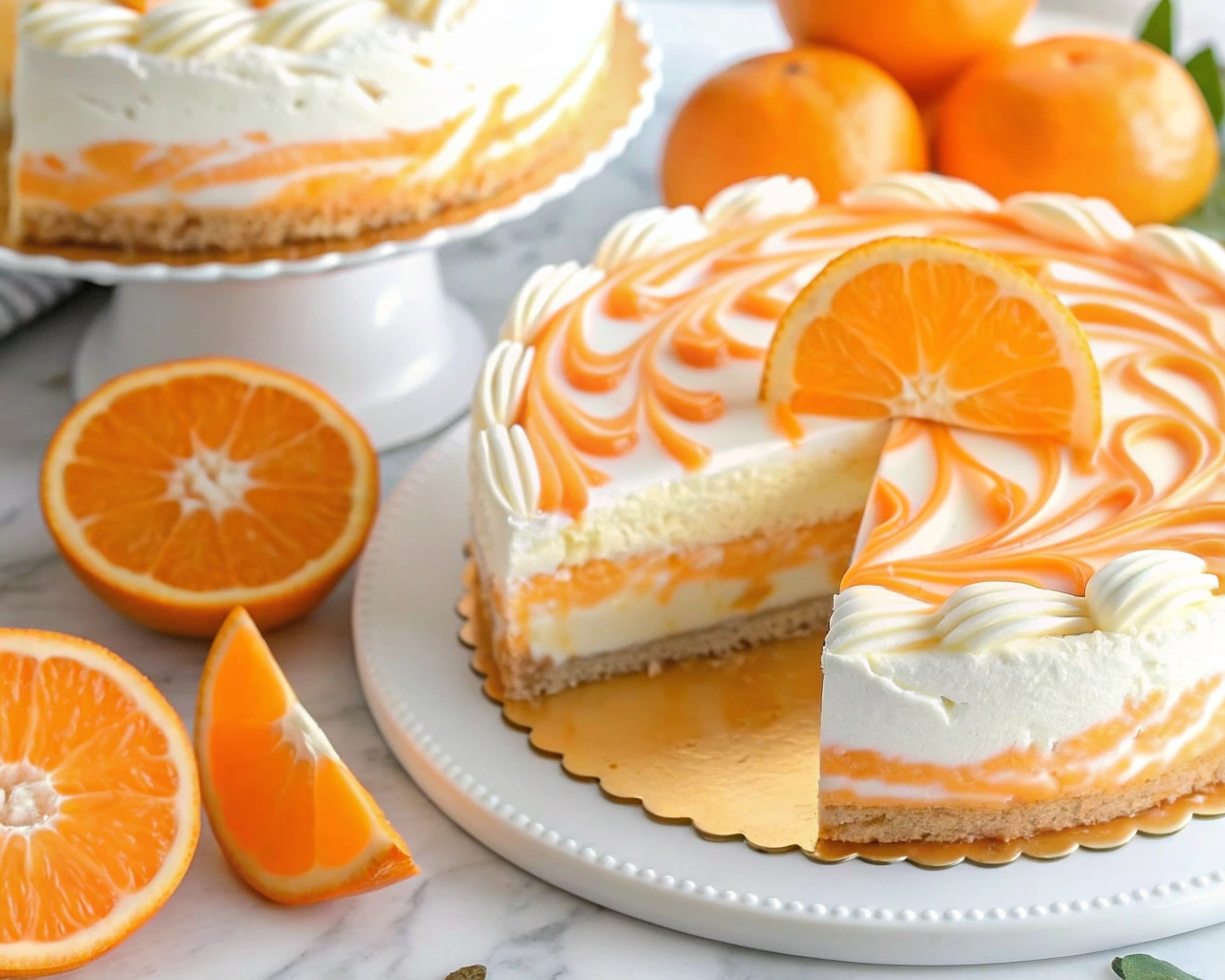 Sliced whole no bake orange creamsicle cheesecake garnished with whipped cream and slices of orange, close up.