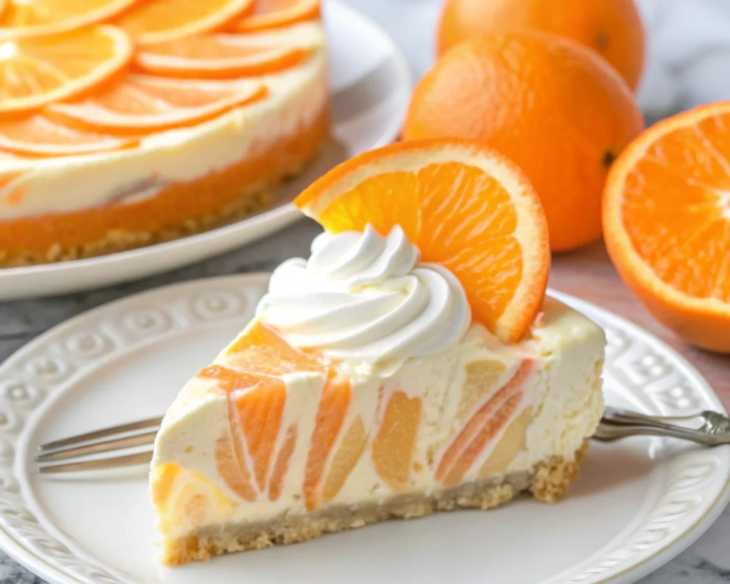 Slice of orange creamsicle cheesecake served on a white plate garnished with whipped cream and orange slice.