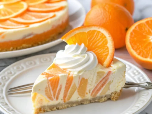 Slice of orange creamsicle cheesecake served on a white plate garnished with whipped cream and orange slice.