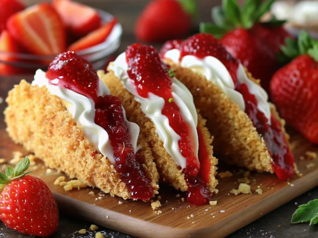 Strawberry Crunch Cheesecake Tacos with creamy filling and fresh strawberries on top.