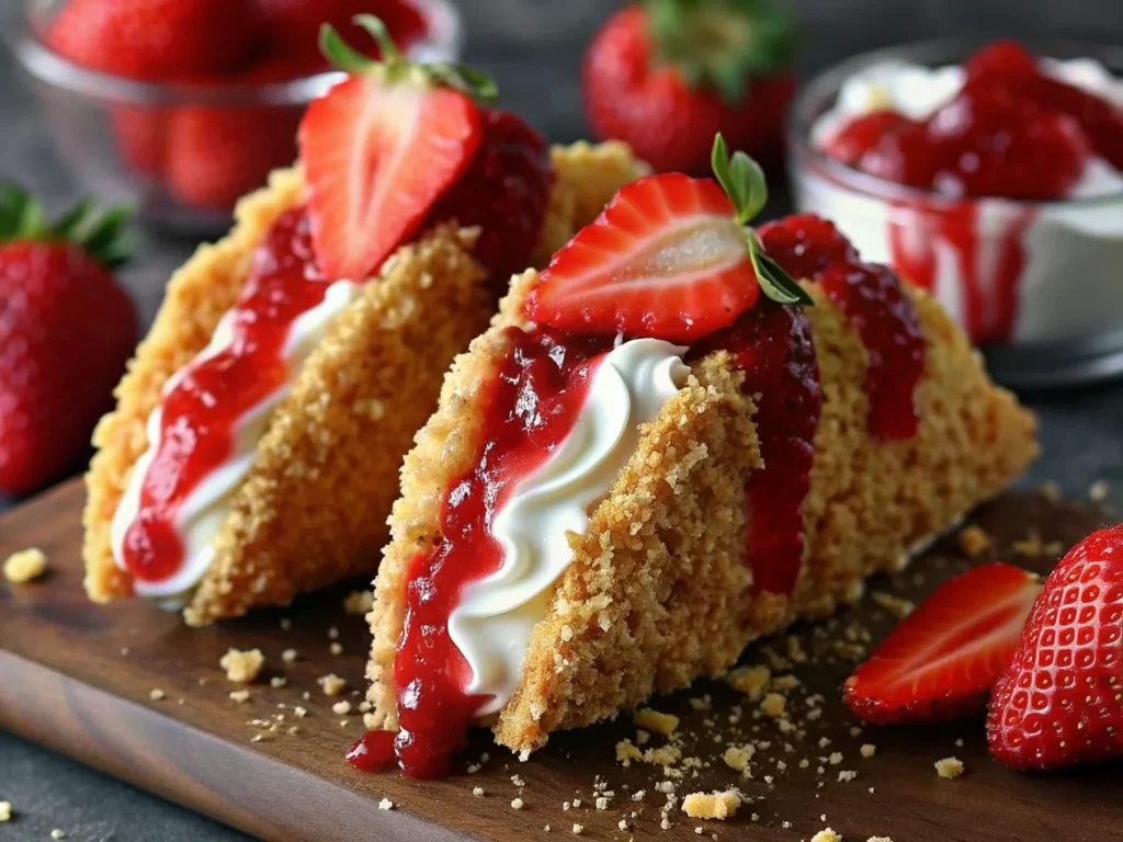 Strawberry Crunch Cheesecake Tacos with creamy filling and fresh strawberries on top.