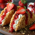 Strawberry Crunch Cheesecake Tacos with creamy filling and fresh strawberries on top.
