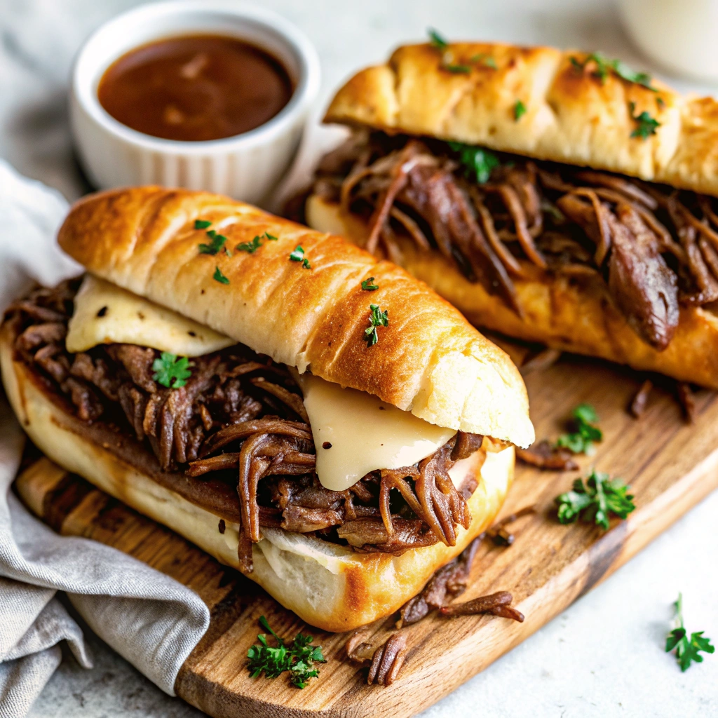 Image of two Crockpot French Dip Sandwiches
