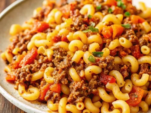 Imahe of The Ultimate Crock Pot American Goulash on a white plate