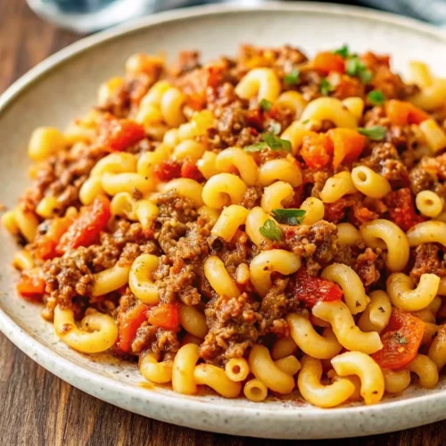Imahe of The Ultimate Crock Pot American Goulash on a white plate