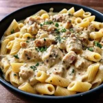 Close up of Creamy Crockpot Garlic Parmesan Chicken Pasta