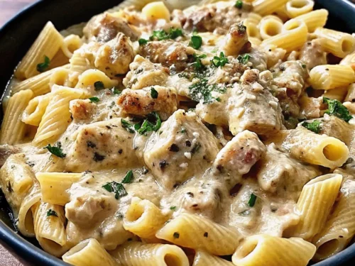 Close up of Creamy Crockpot Garlic Parmesan Chicken Pasta
