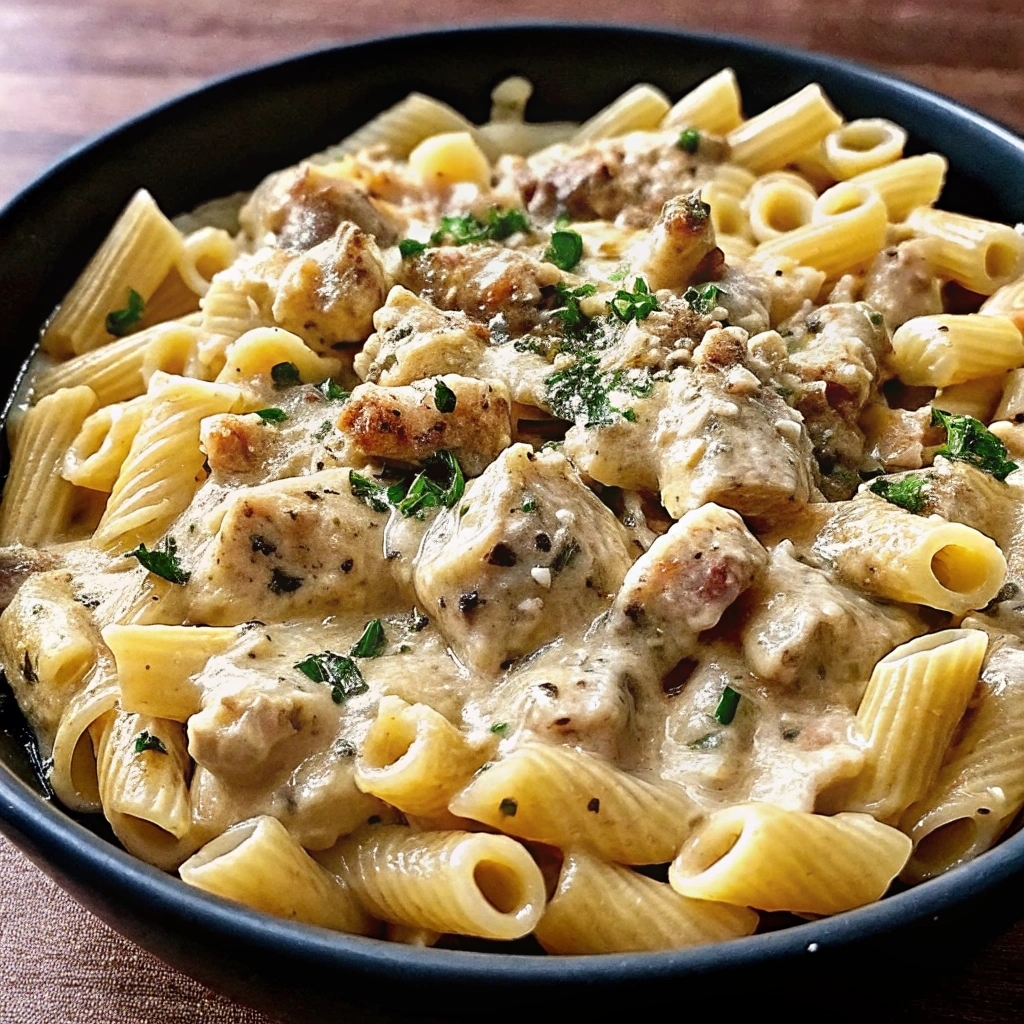 Close up of Creamy Crockpot Garlic Parmesan Chicken Pasta