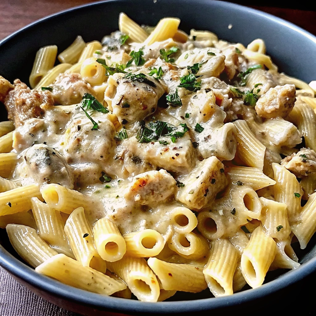 A close up of Creamy Crockpot Garlic Parmesan Chicken Pasta