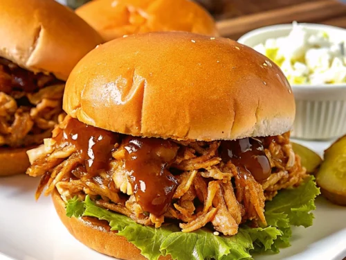 A close up of Slow Cooker Hot Honey Chicken Sandwiches