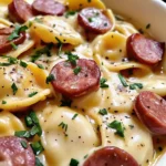 A close up of Creamy Crockpot Pierogi Casserole with Kielbasa