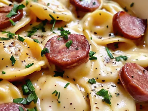 A close up of Creamy Crockpot Pierogi Casserole with Kielbasa