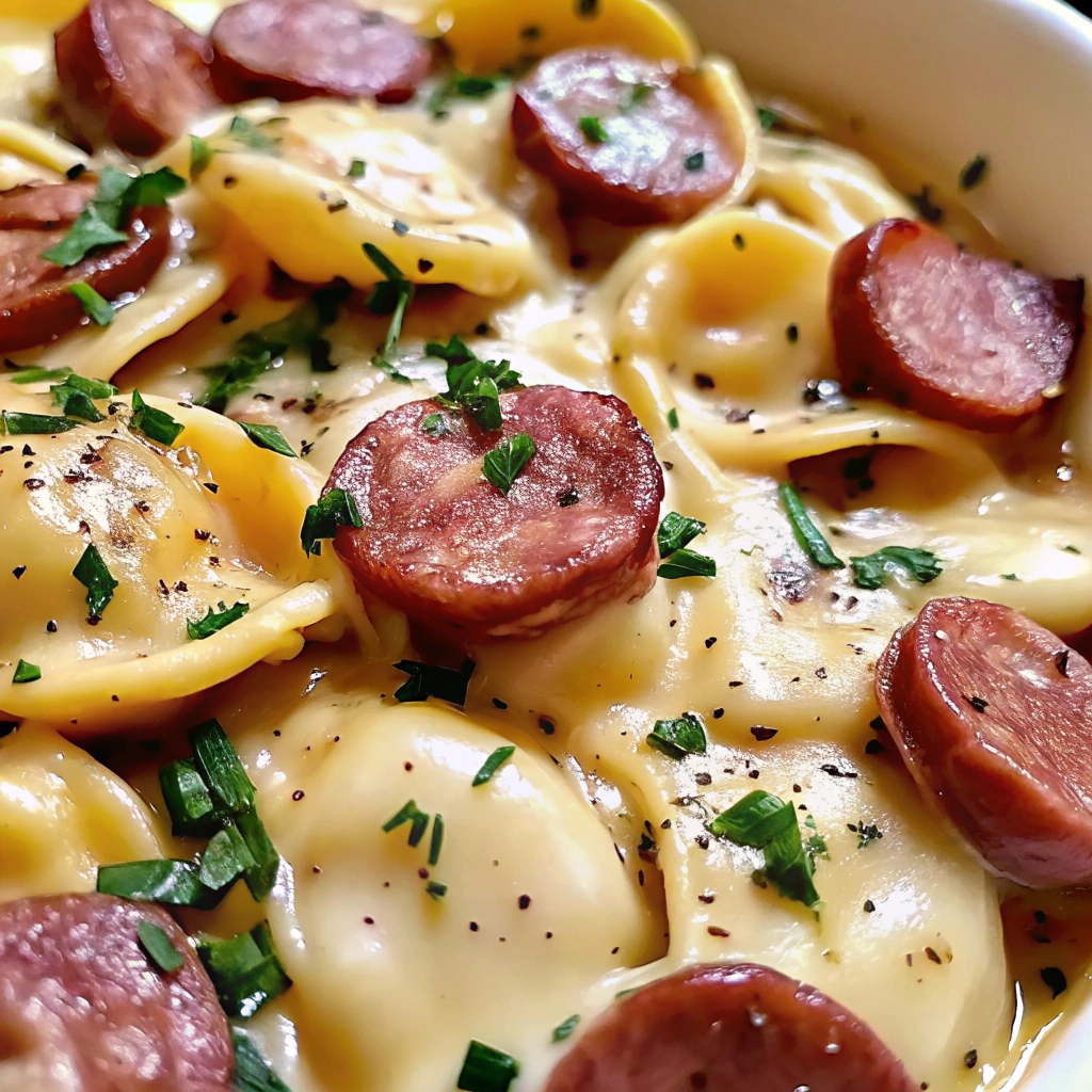 A close up of Creamy Crockpot Pierogi Casserole with Kielbasa