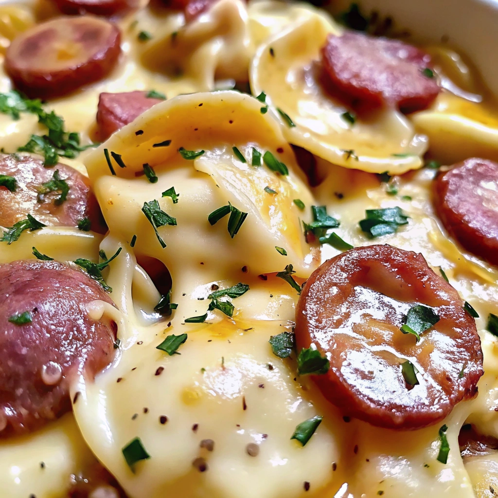 A close up of Creamy Crockpot Pierogi Casserole with Kielbasa