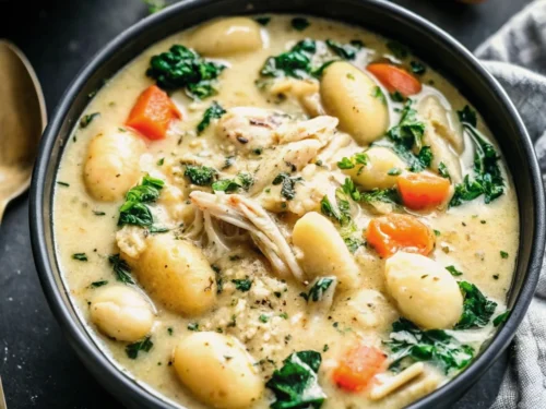 Top view of Cream of Chicken and Gnocchi Soup