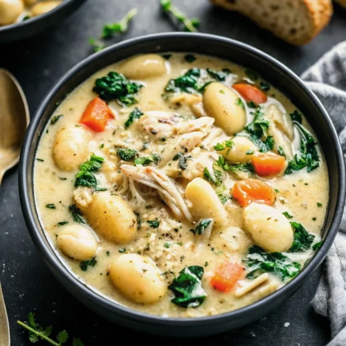 Top view of Cream of Chicken and Gnocchi Soup