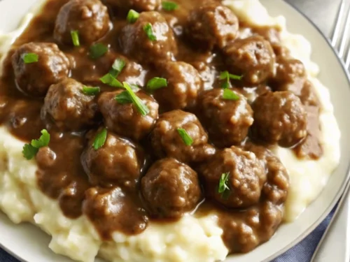 Top Shot of Easy Comfort Slow Cooker Salisbury Steak Meatballs