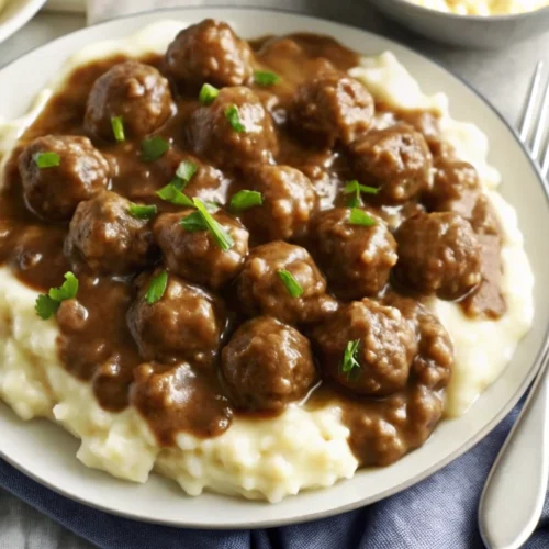 Top Shot of Easy Comfort Slow Cooker Salisbury Steak Meatballs
