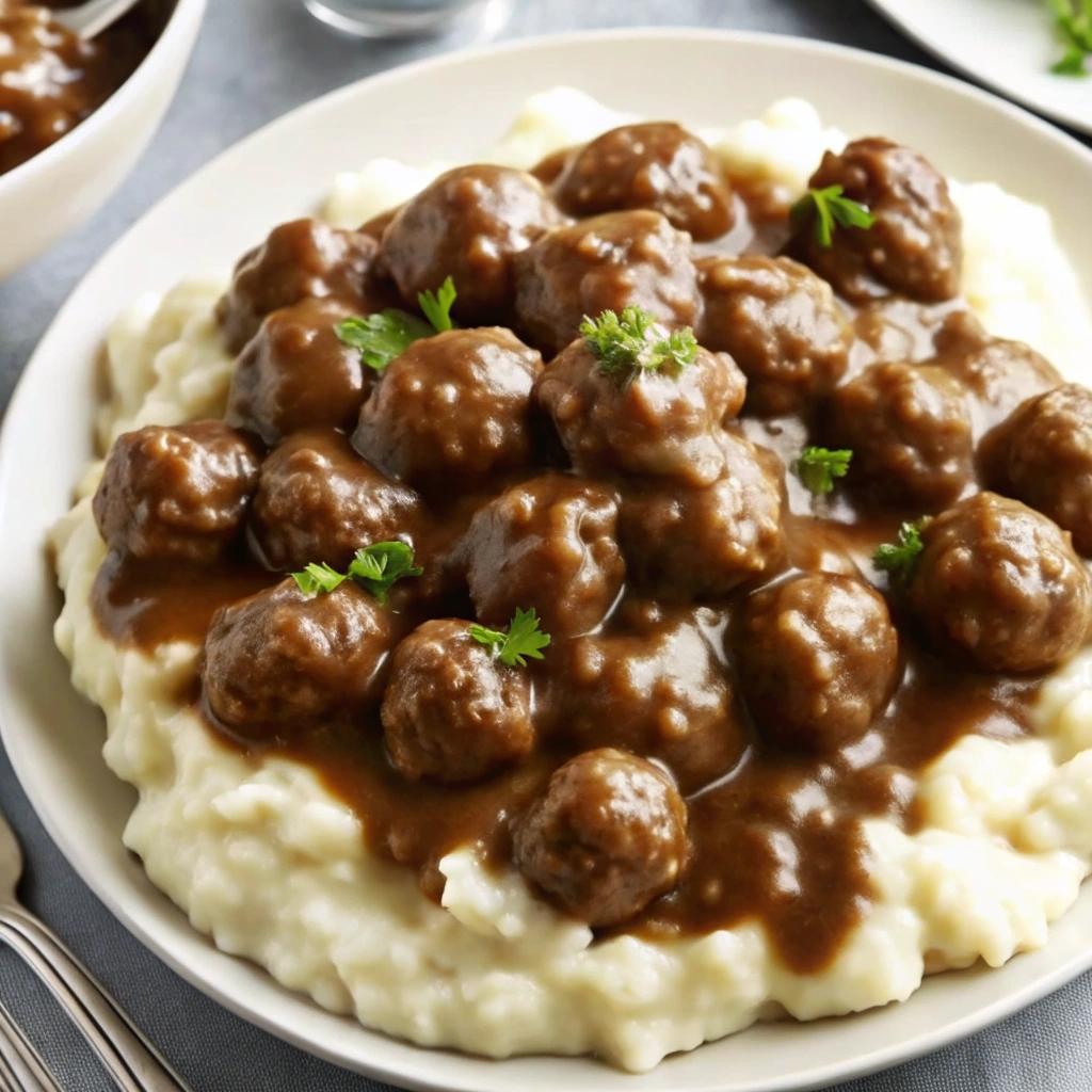 Top view of cozy Easy Comfort Slow Cooker Salisbury Steak Meatballs