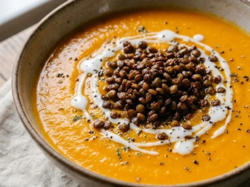 Carrot Soup with Crispy Lentils-
