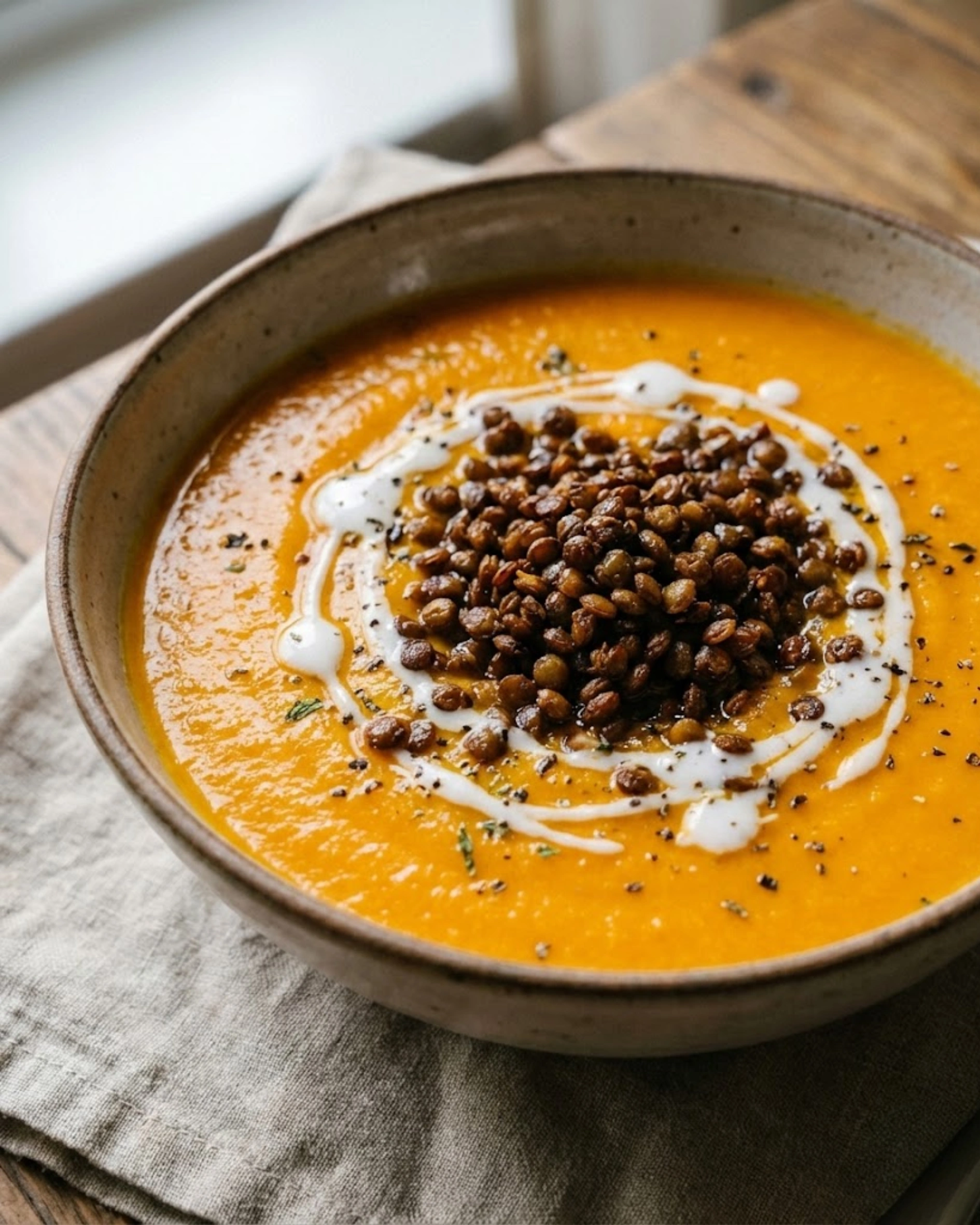 Carrot Soup with Crispy Lentils-