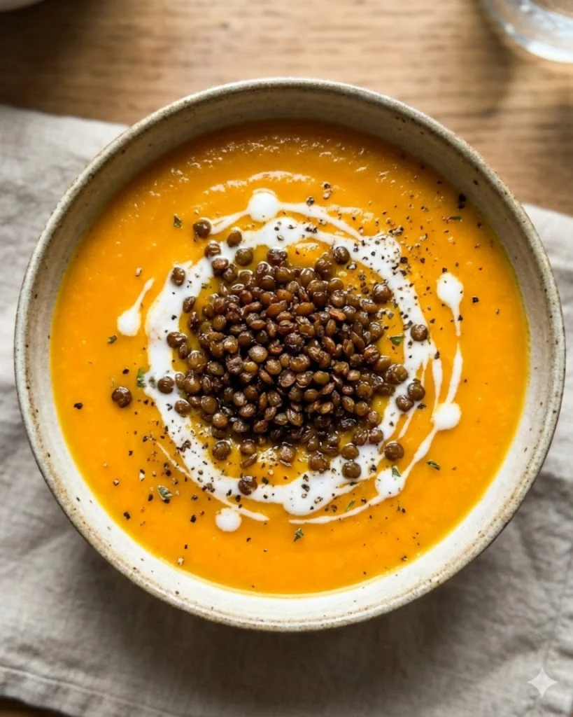 Carrot Soup with Crispy Lentils-