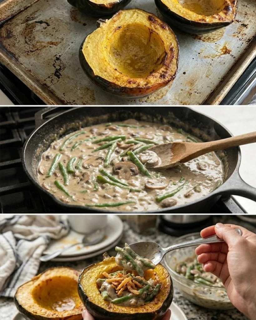 Green Bean Casserole Stuffed Acorn Squash steps