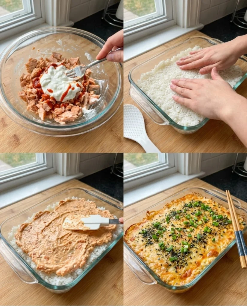 Spicy Salmon Sushi Bake steps