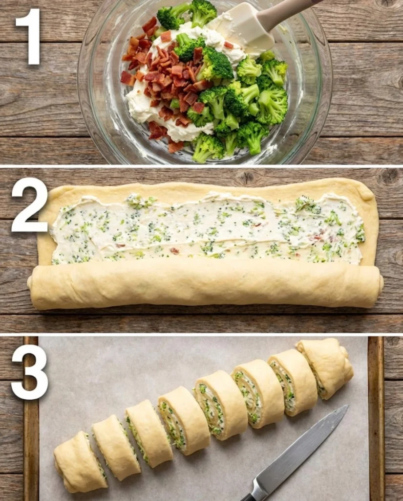 Broccoli & Bacon Roll Ups steps