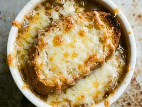 French Onion Soup with Cheesy Bread Topping