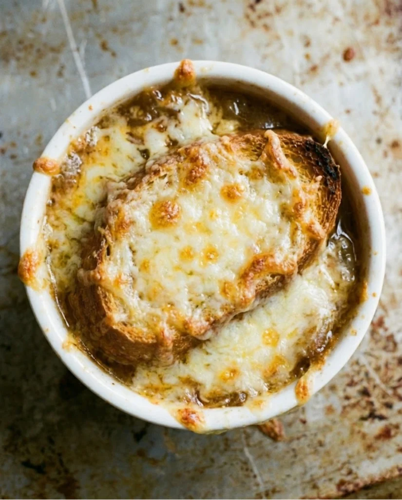 French Onion Soup with Cheesy Bread Topping