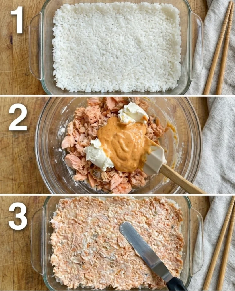 Spicy Salmon Sushi Bake steps