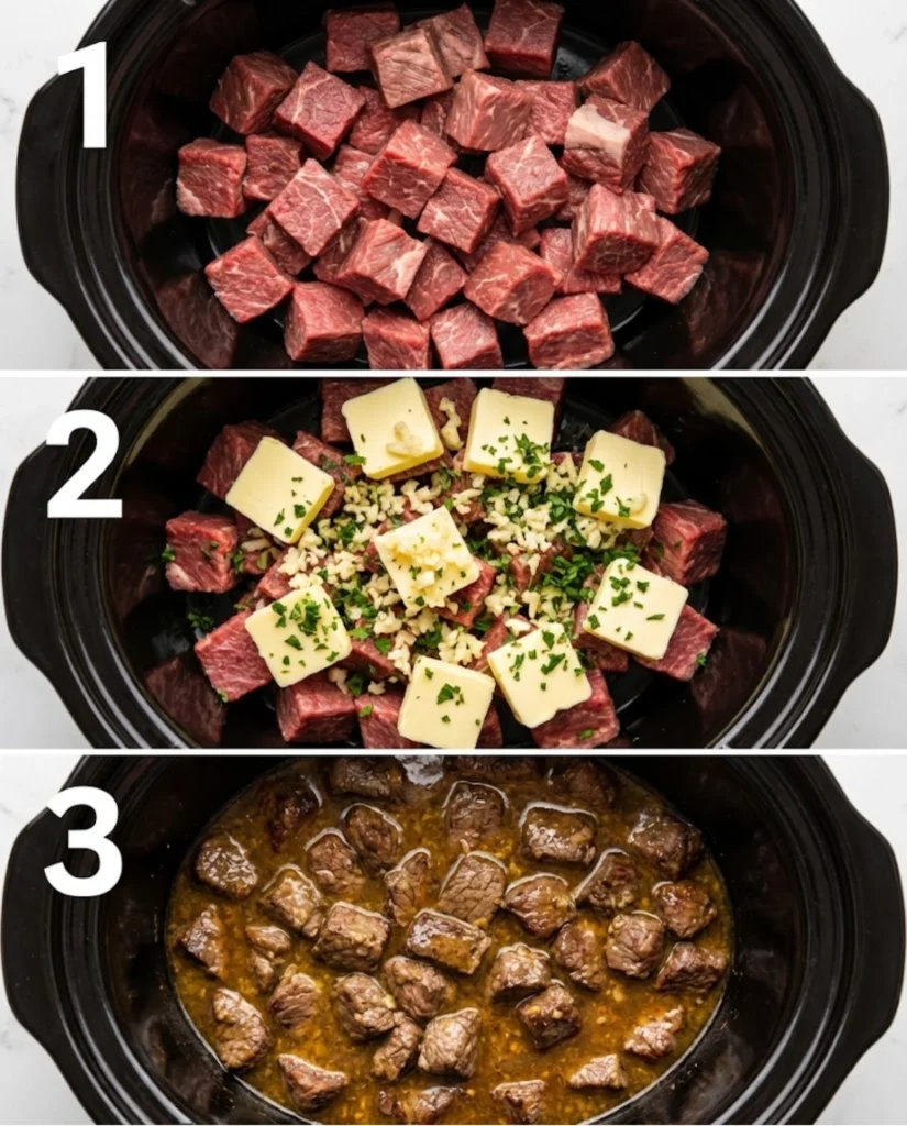 Crockpot Garlic Butter Steak Bites steps