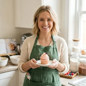 Michonne's Image in her Kitchen holding a Homemade cupcake.