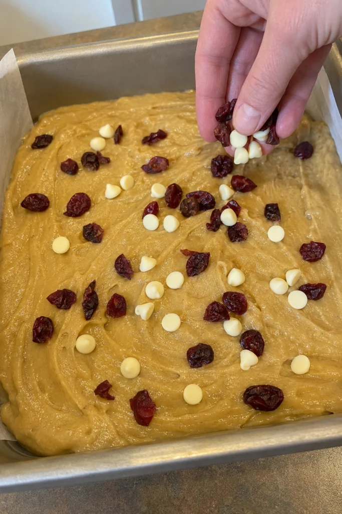 White Chocolate Cranberry Blondies Process shot