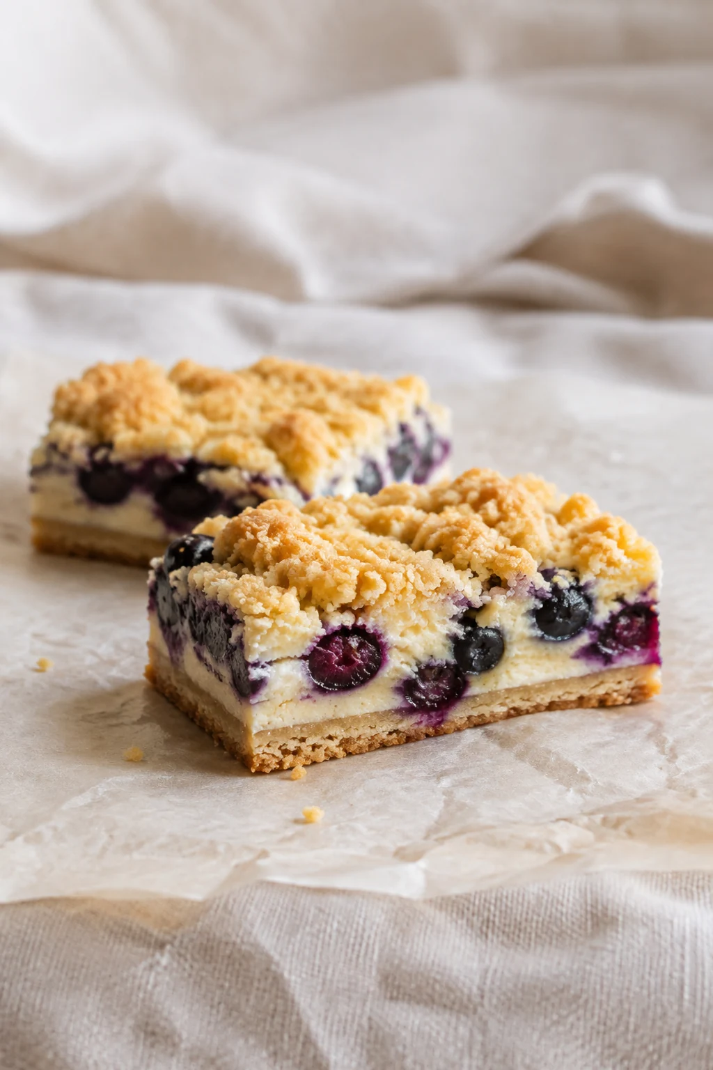 Cut blueberry cream cheese bar showing its crust, creamy filling and crumble.