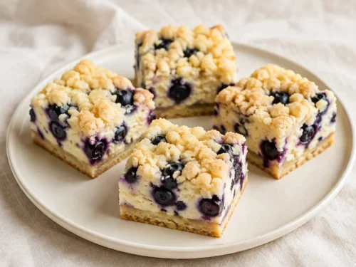 Blueberry cream cheese bars with shortbread bases and golden crumble topping.