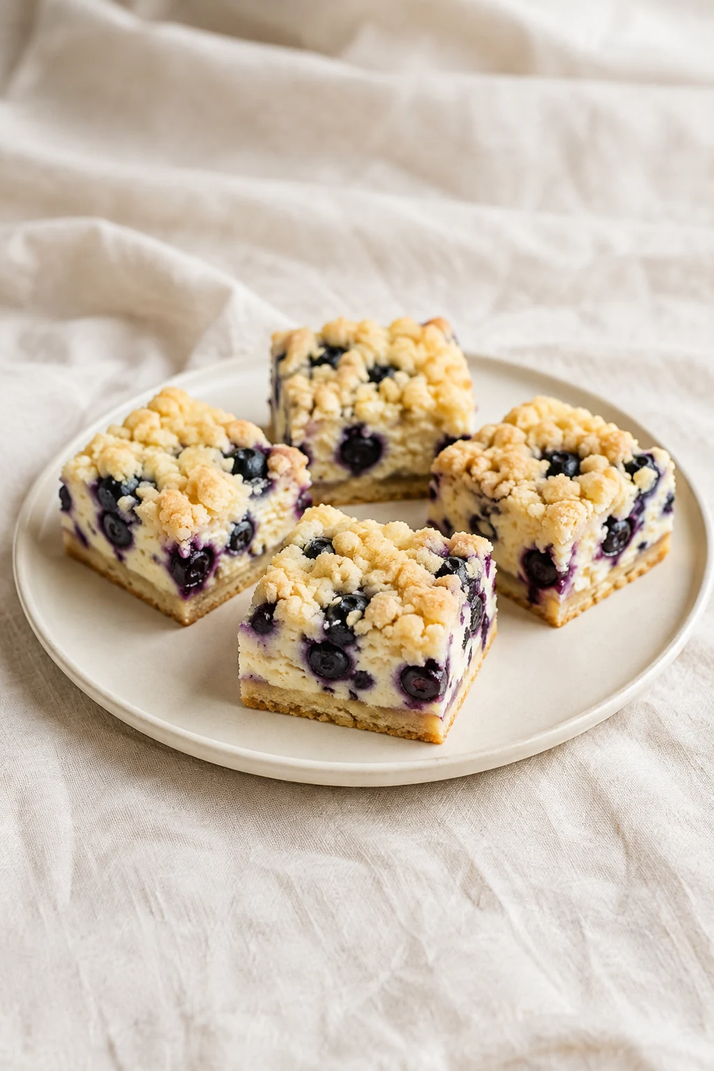 Blueberry cream cheese bars with shortbread bases and golden crumble topping.