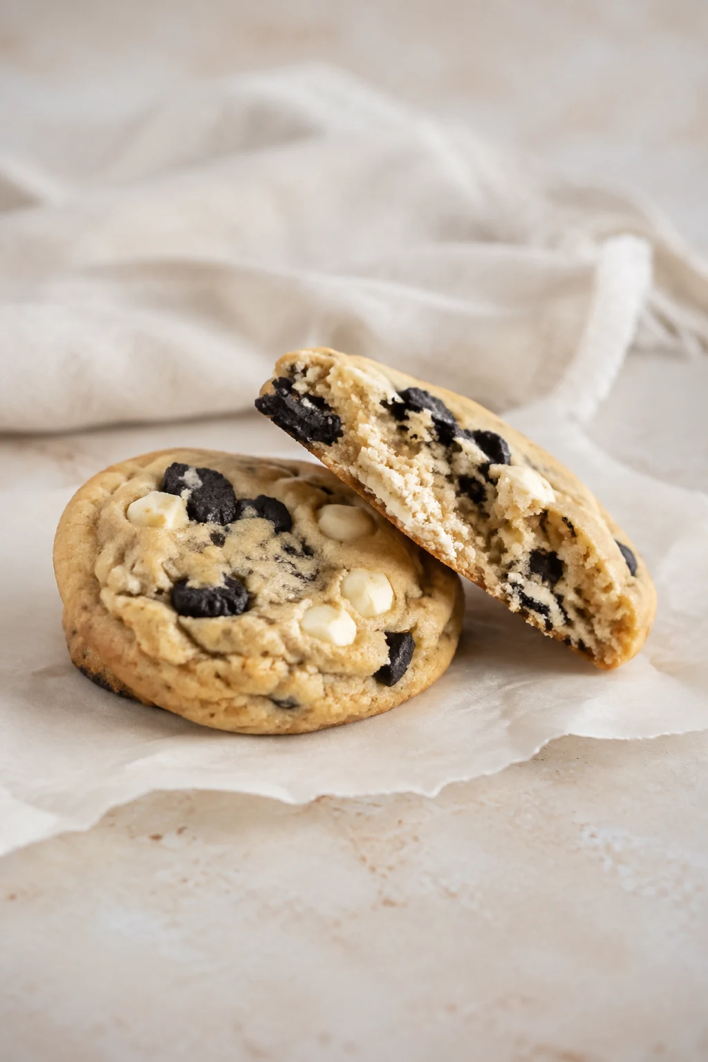 Broken cookies showing a soft vanilla crumb with chocolate cookie pieces.