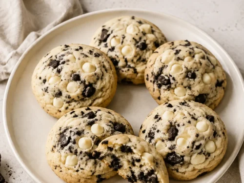 Cream-cheese cookies with chocolate sandwich-cookie pieces and white chocolate on a plate.