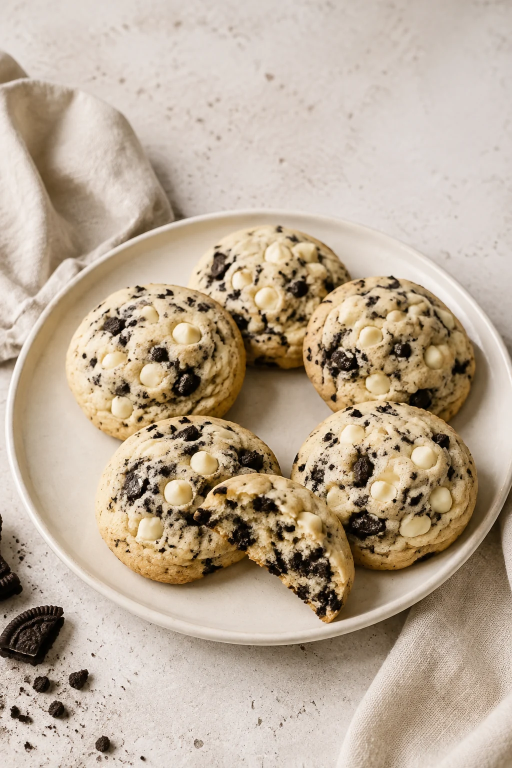 Cream-cheese cookies with chocolate sandwich-cookie pieces and white chocolate on a plate.