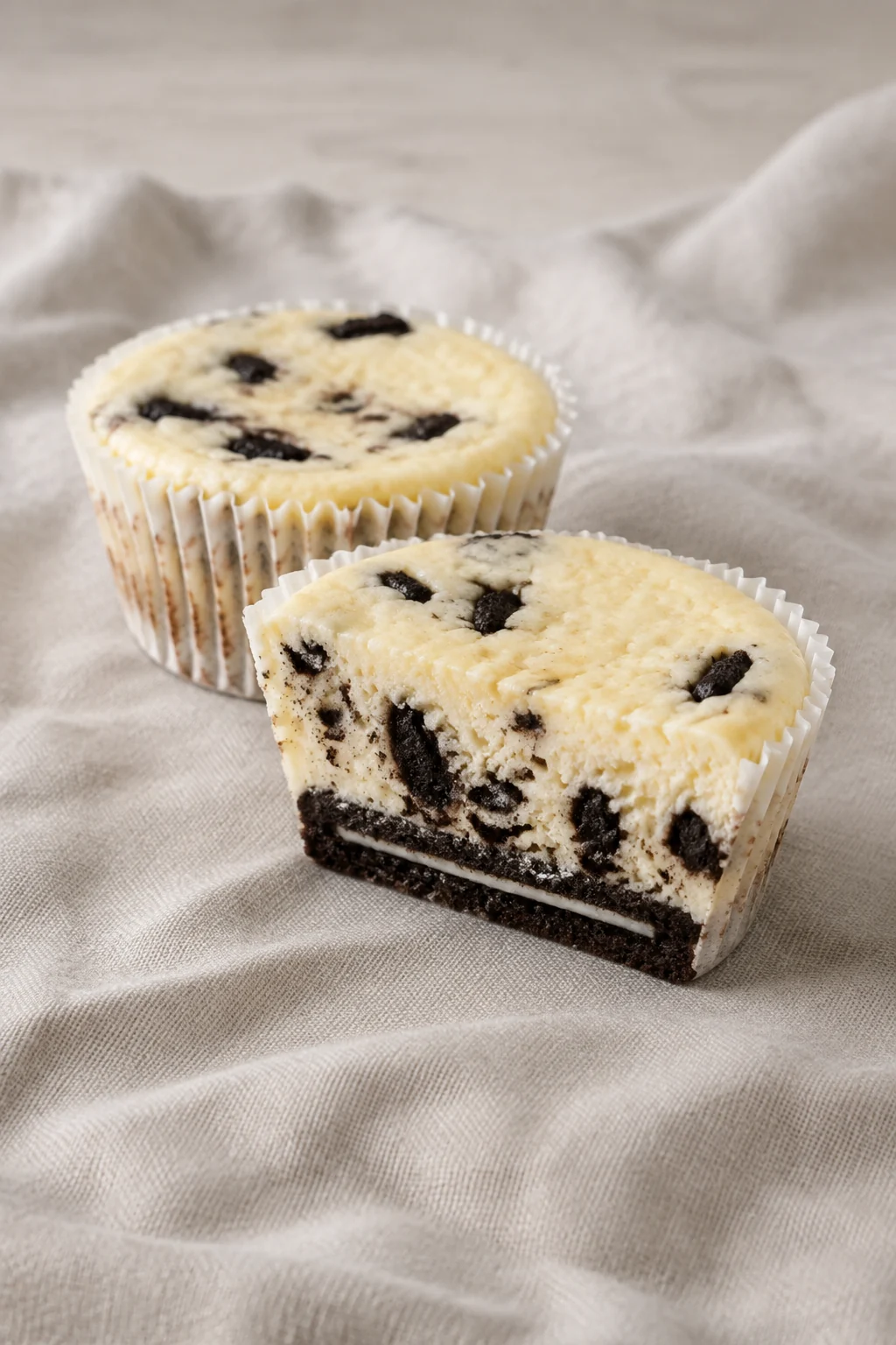 A halved mini Oreo cheesecake showing the whole-cookie base and speckled filling.