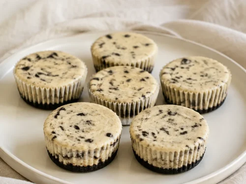 Individual baked Oreo cheesecakes with cookie bases on a platter.