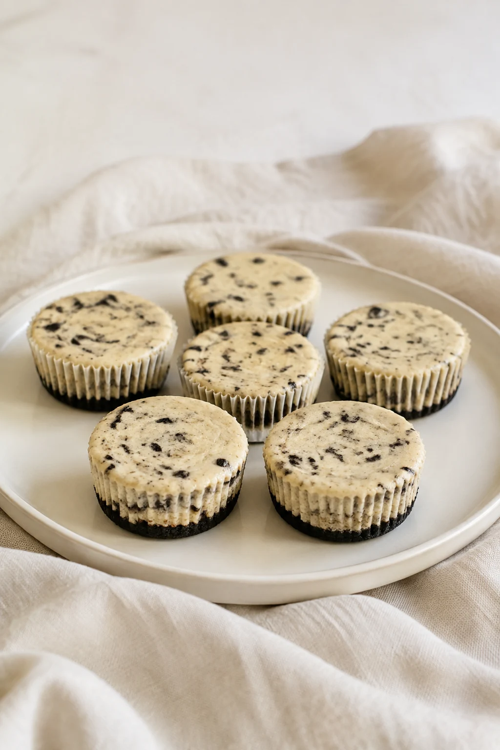 Individual baked Oreo cheesecakes with cookie bases on a platter.
