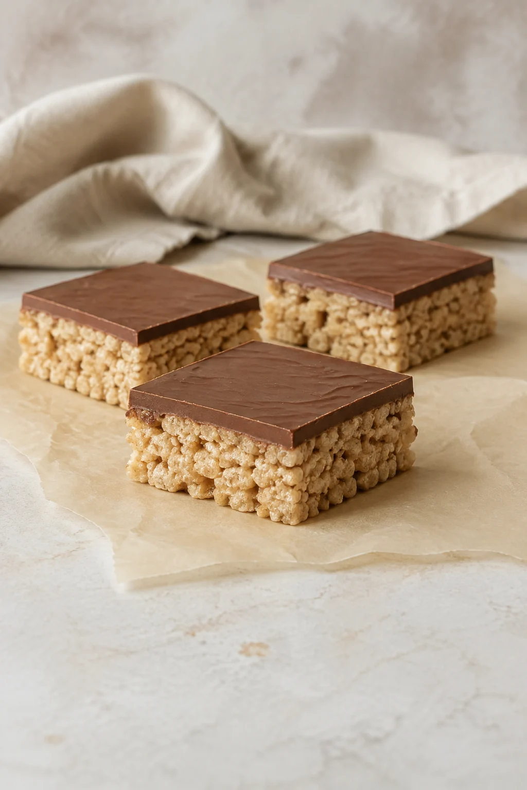 Scotcheroos showing the crisp-rice base beneath a smooth chocolate topping.