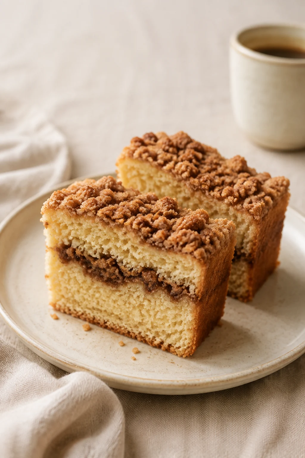 Coffee cake slices showing the cinnamon-sugar ribbon beneath golden crumbs.